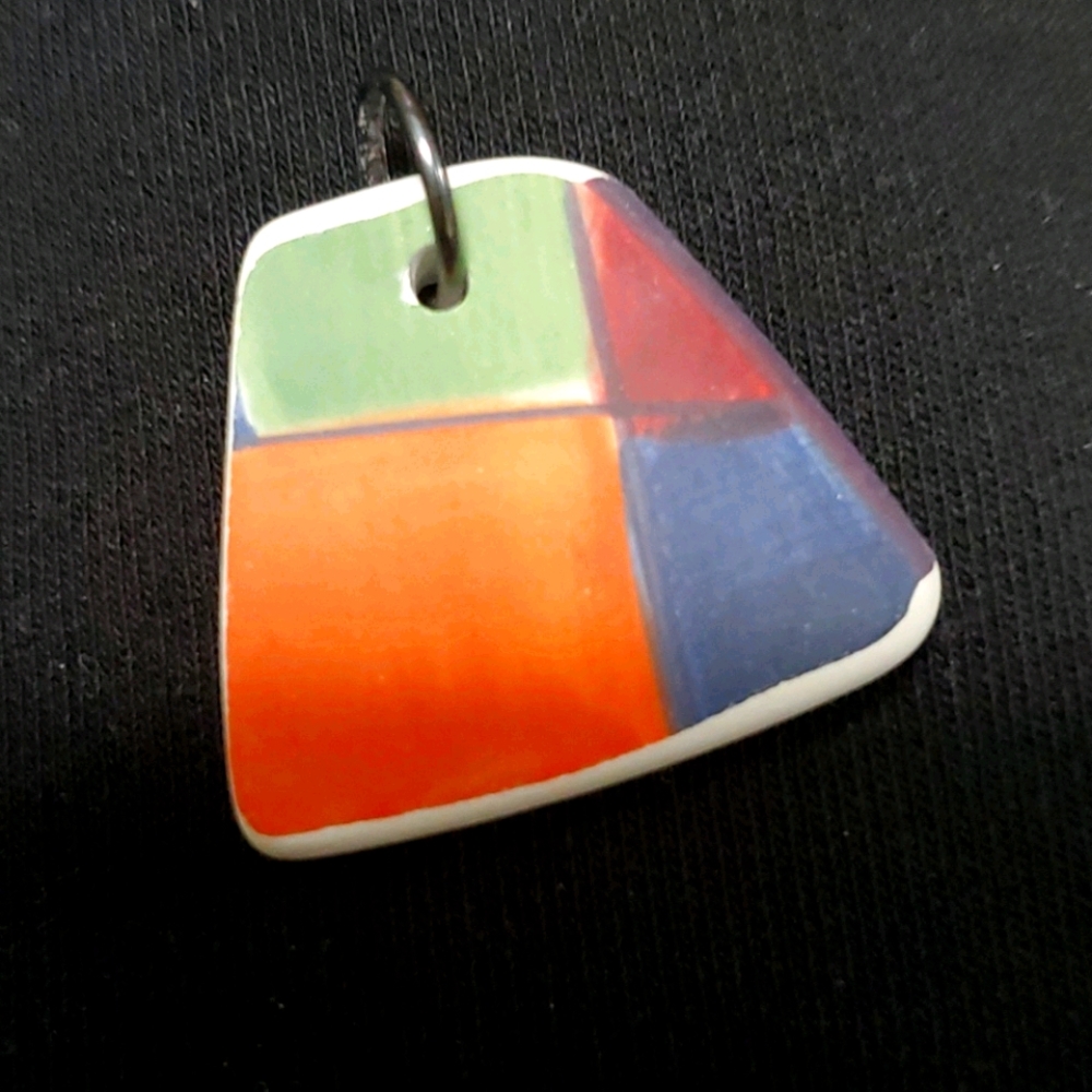 Real Tumbled Pottery Color Block Geometric Pendant Necklace Abstract Art 1" New